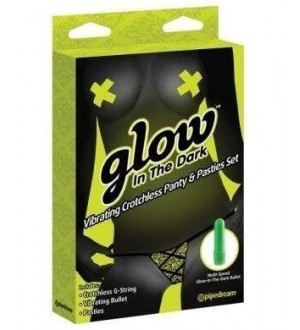 Mutandine Vibranti Glow in The Dark Vibrating Crotchless Panty And Pasties Set